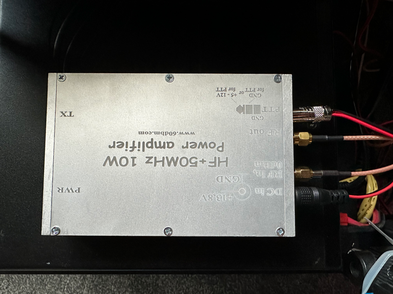 The back of the 60dbm 10W amplifier showing labels for the various ports