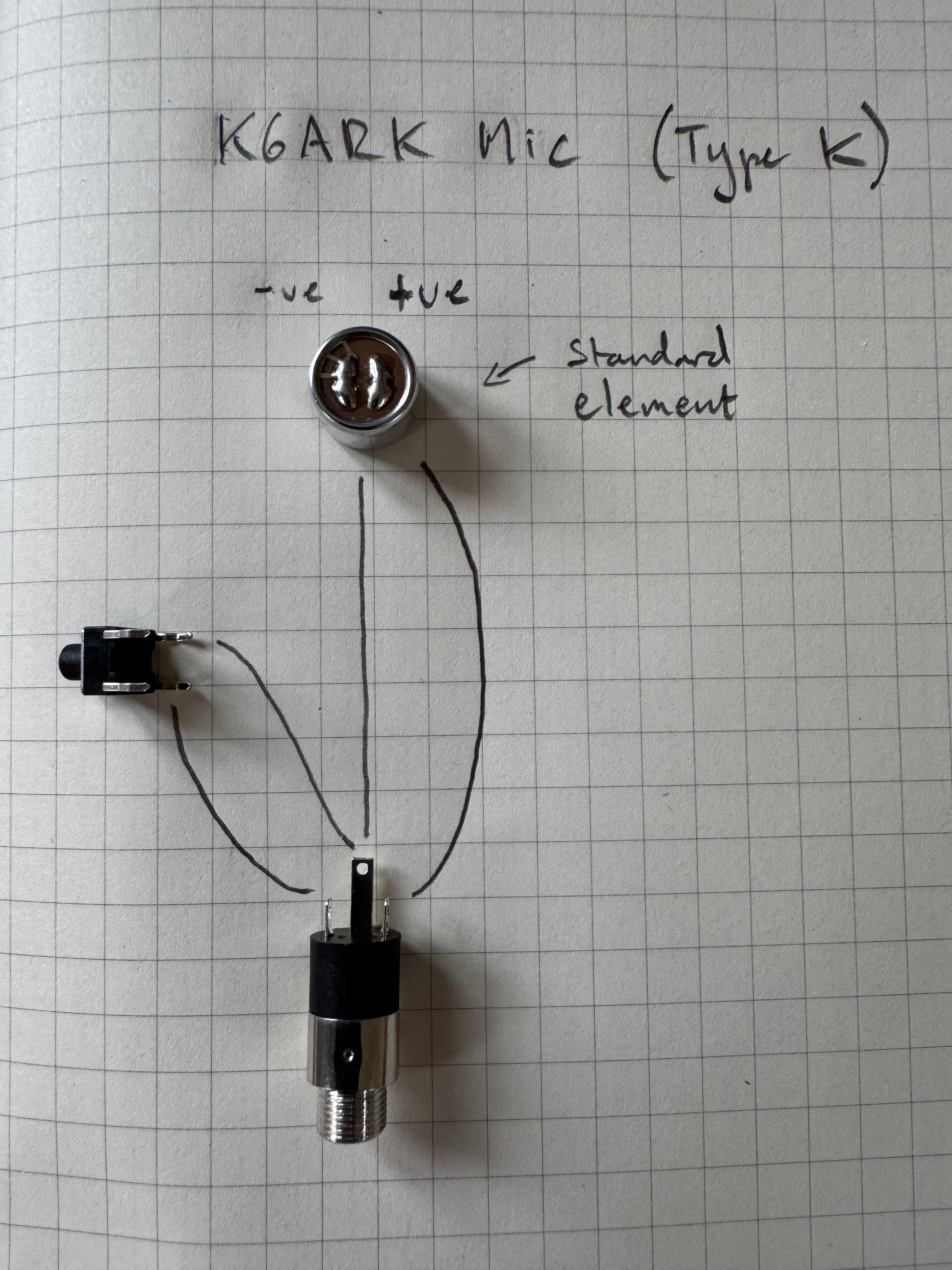 Hand-drawn Type K wiring diagram for the standard element: the element&rsquo;s -ve and +ve pads and the push switch wired to the lugs of the 3.5mm jack