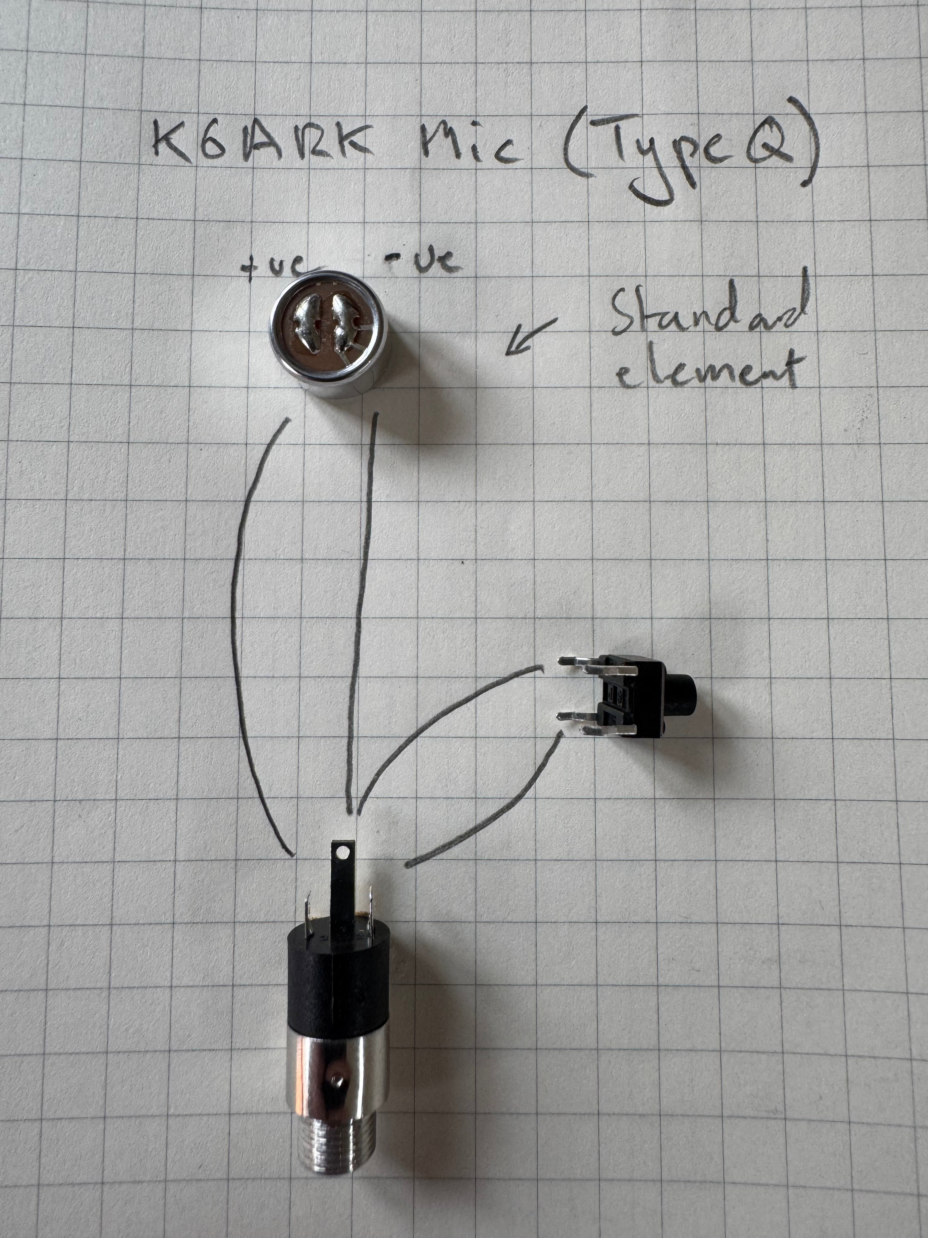Hand-drawn Type Q wiring diagram for the standard element: the element&rsquo;s +ve and -ve pads and the push switch wired to the lugs of the 3.5mm jack