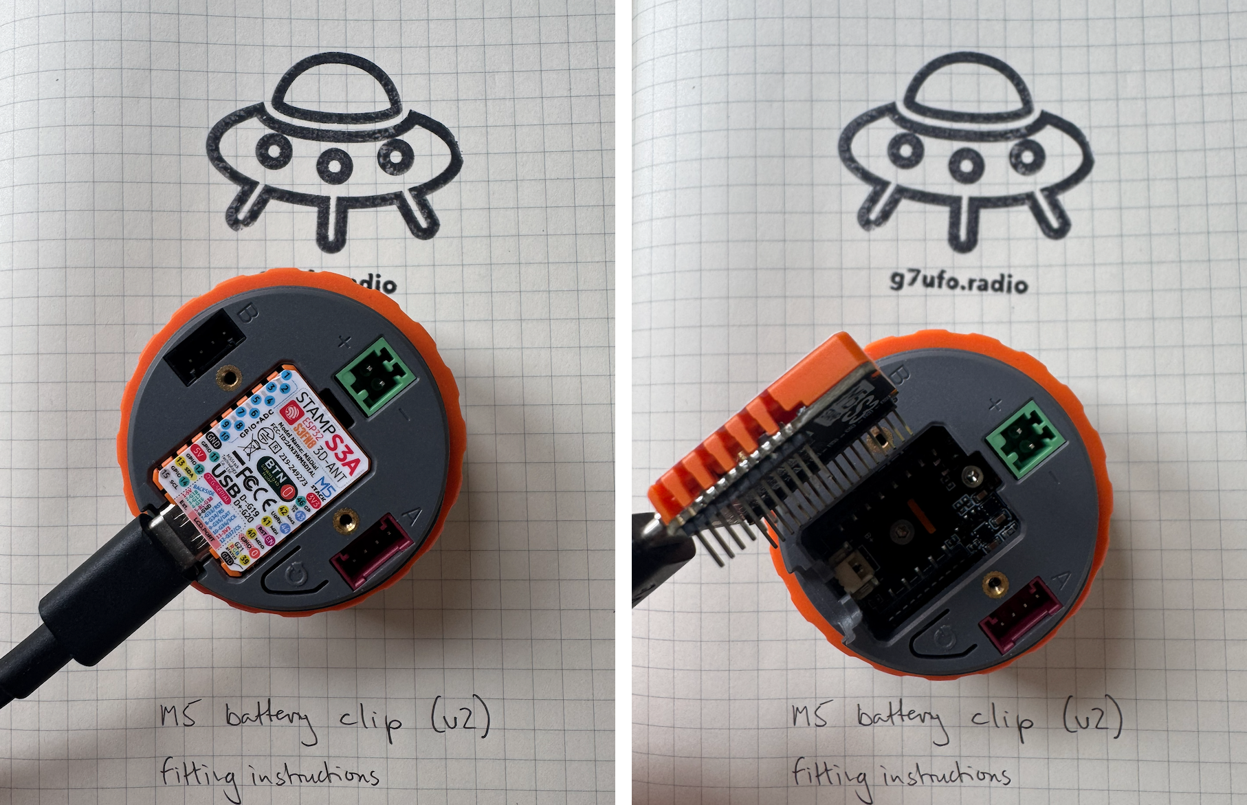 Two photos side by side: a USB-C cable plugged into the STAMP S3A board on the back of the M5 Dial, then the cable being used to lift the board out of its socket, exposing the pins