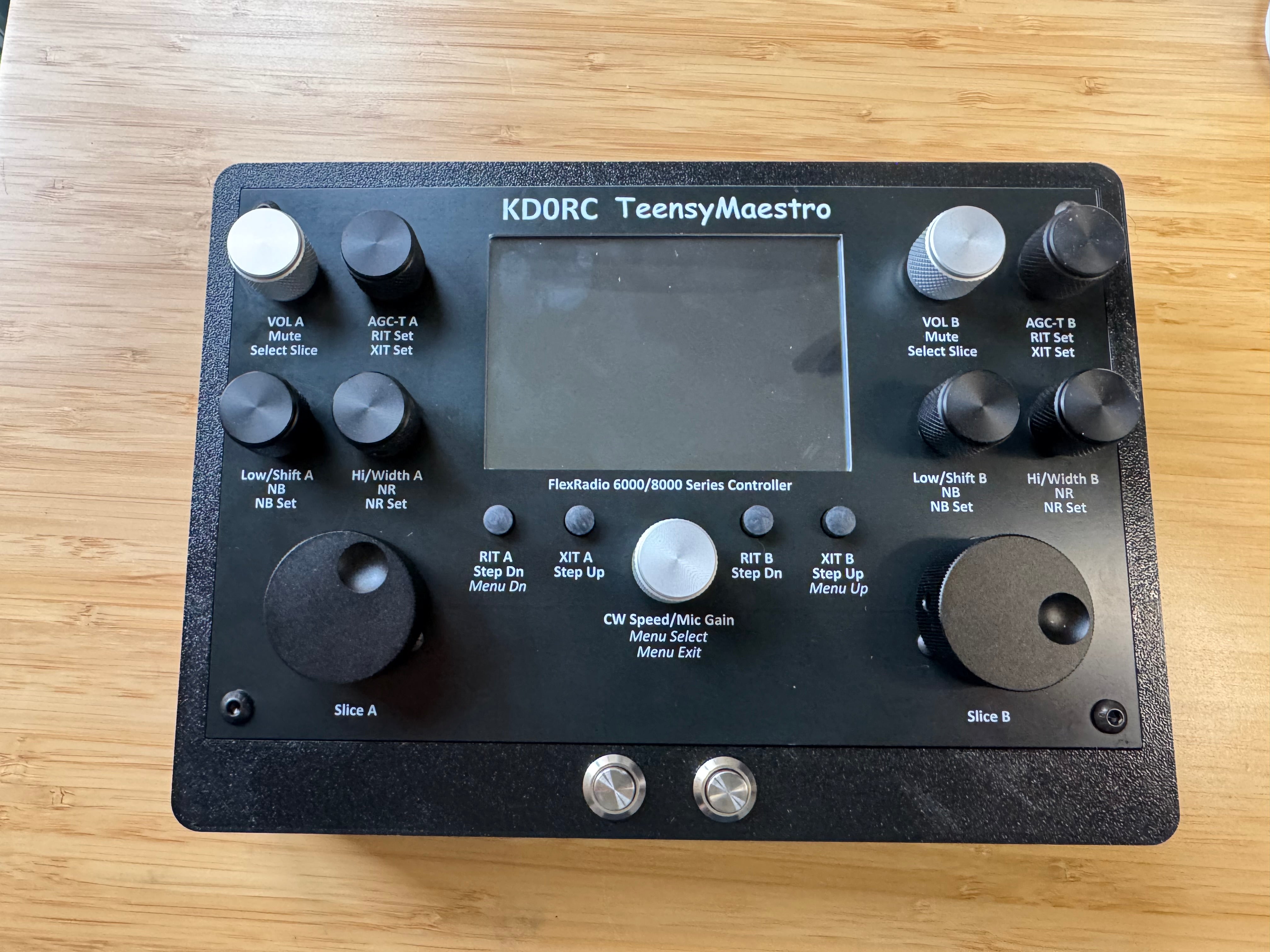 The finished KD0RC TeensyMaestro from the front, with all the knobs fitted