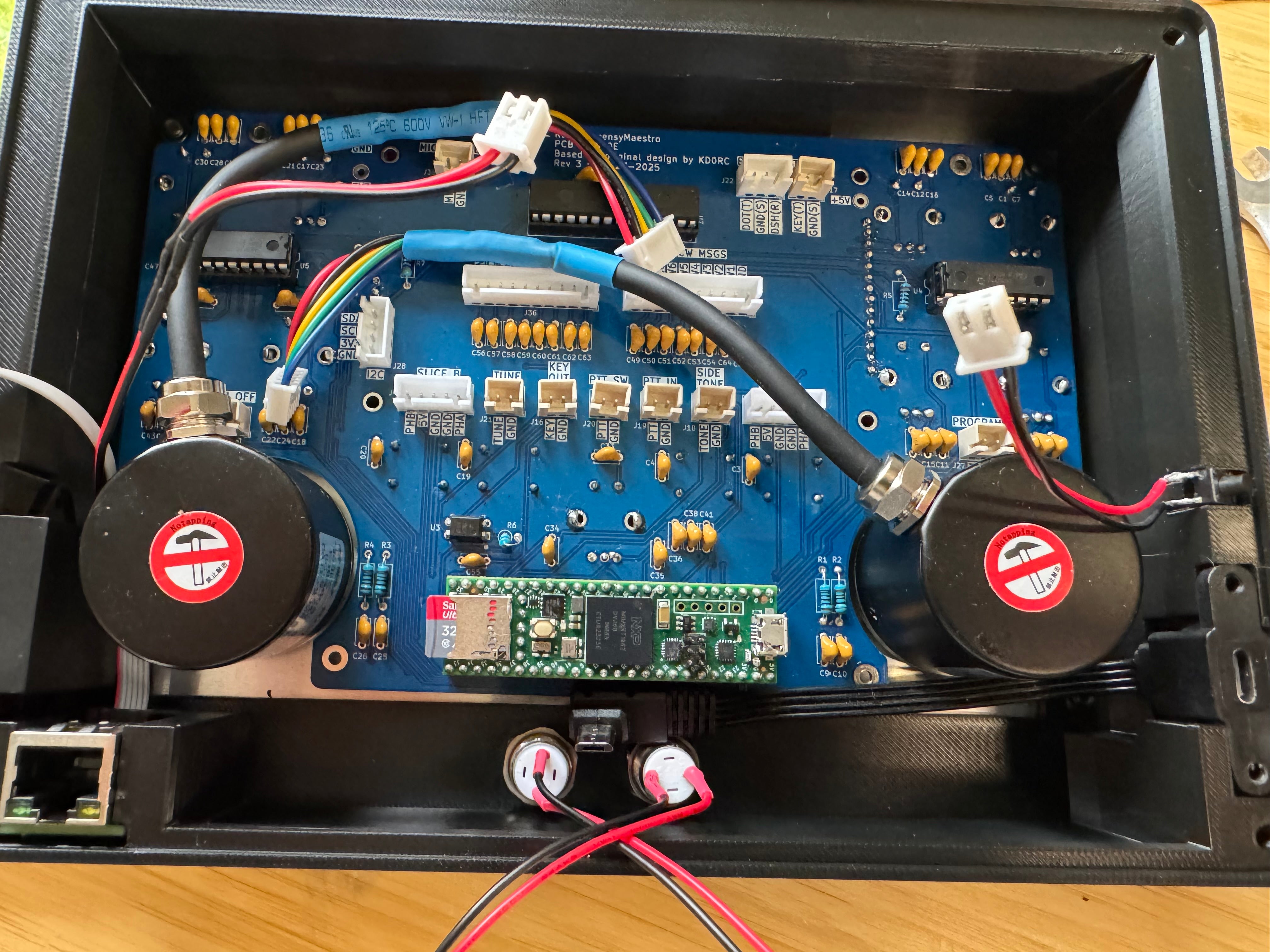 Looking down into the case, the two large VFO encoders dropped into place on either side of the PCB